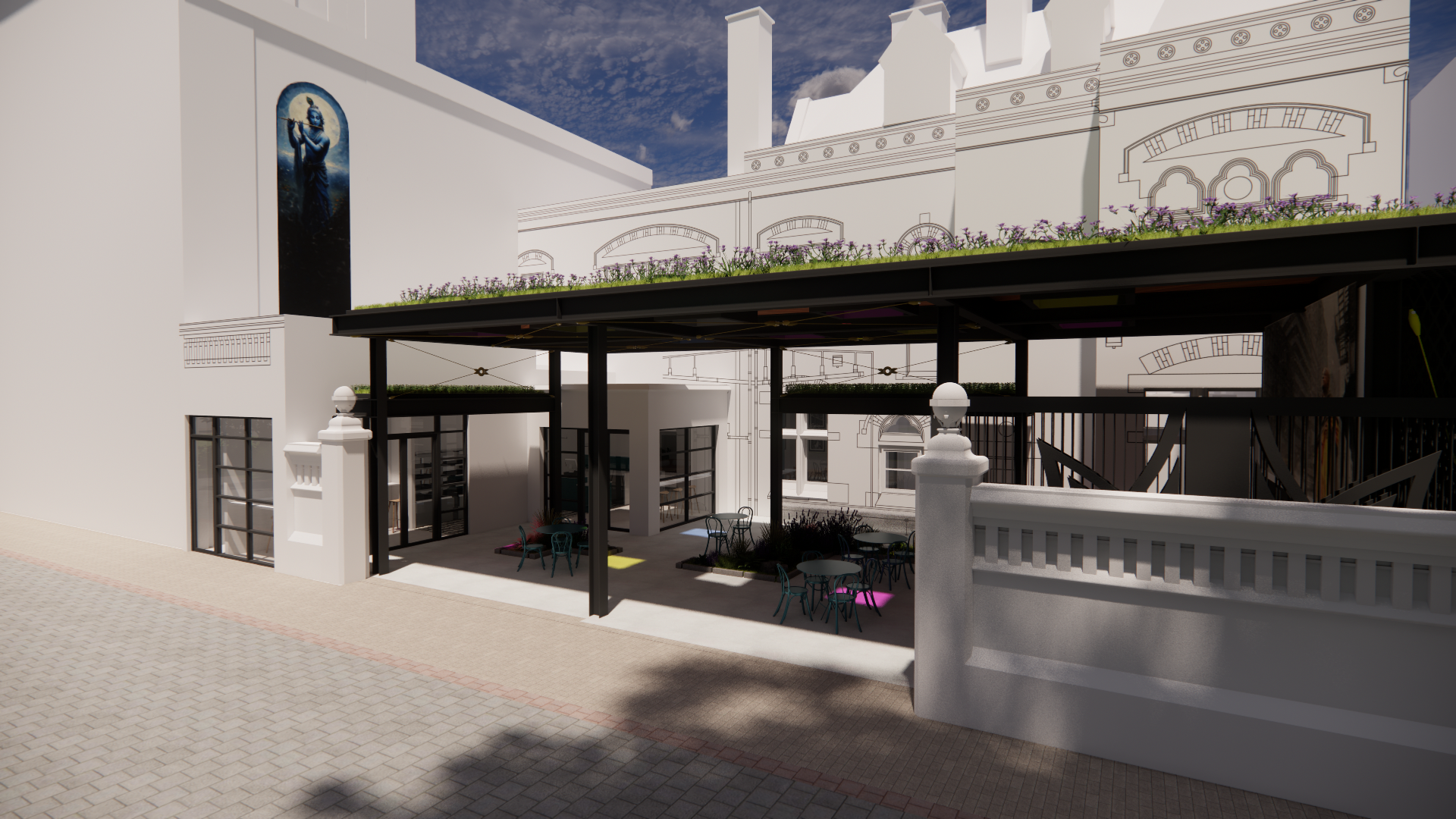 View 4 - external view of courtyard with gates open
